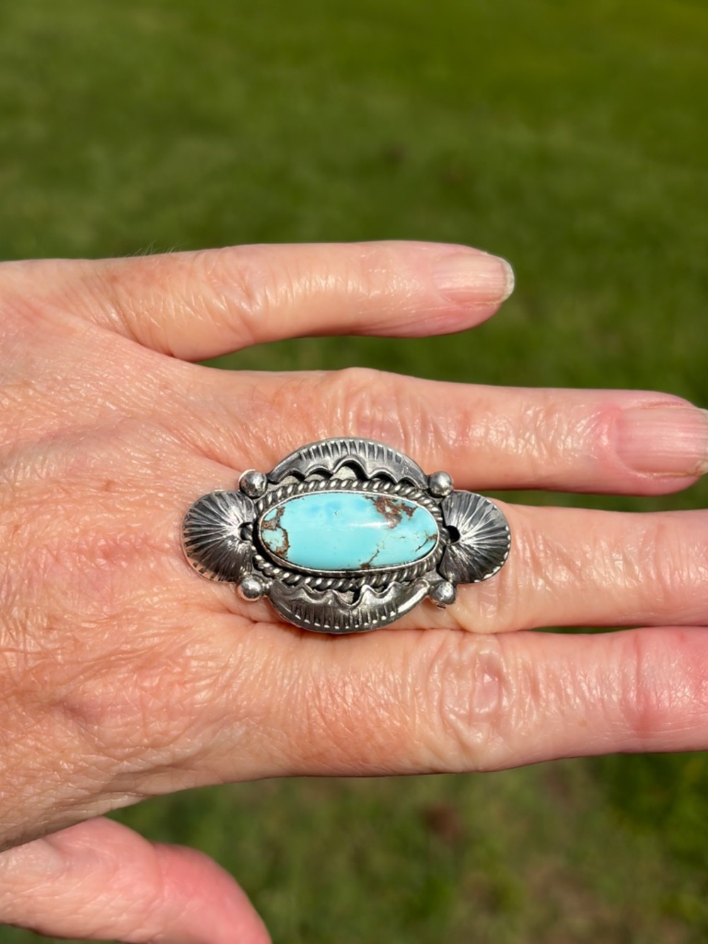 Juanita McDonald-Signed Unisex Golden Hills Turquoise Sterling Silver Ring - Picture 7 of 11